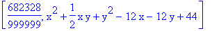 [682328/999999, x^2+1/2*x*y+y^2-12*x-12*y+44]